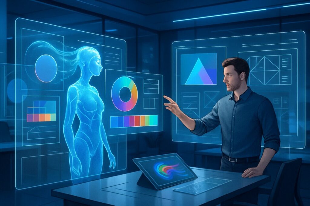 A high-definition digital artwork depicting a futuristic design studio where AI and human designers collaborate harmoniously. The setting is a sleek, ultramodern workspace filled with large transparent screens displaying dynamic design concepts and vibrant color palettes. A human designer, focused and creative, gestures towards one screen, while a holographic AI assistant appears to be processing data, represented by glowing streams of information flowing through the air. The room is bathed in soft blue and white lighting, enhancing the sense of technological advancement and innovation. The scene captures a balance of digital precision and human creativity.
