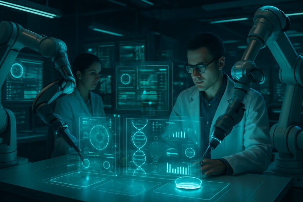 Create an image of a futuristic laboratory filled with glowing holographic displays and advanced robotic arms, actively engaging in scientific research. The scene captures a sense of collaboration between humans and AI technology with researchers working alongside sophisticated machines. The ambient lighting is soft, with hues of blue and green illuminating the high-tech environment. Make sure the image is in high definition, showcasing intricate details of the technology and the collaborative atmosphere.