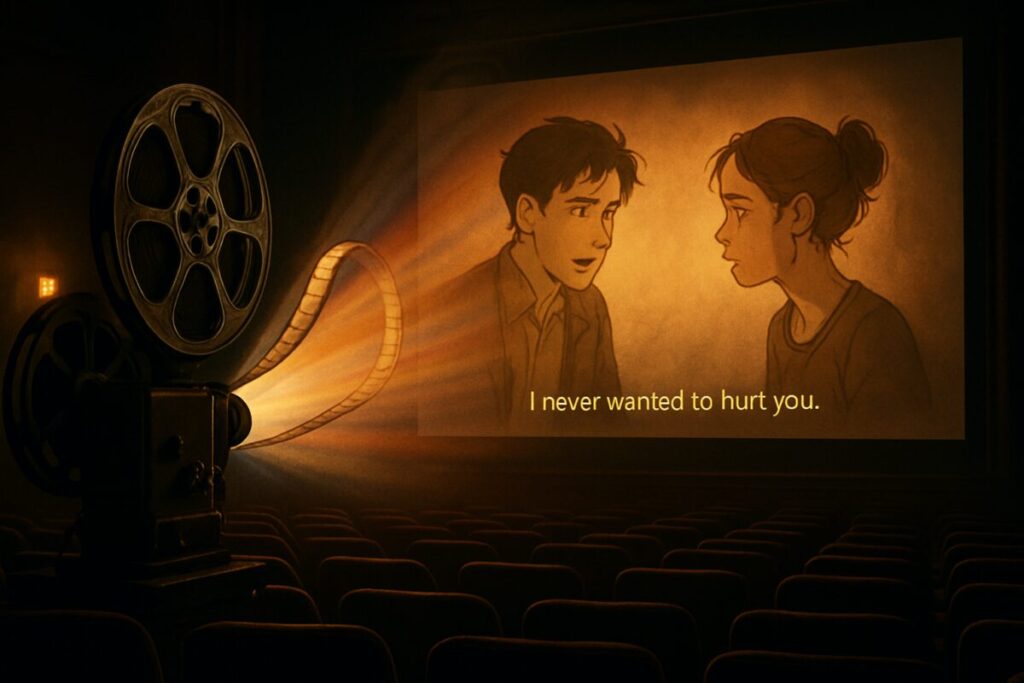 A dimly lit, vintage cinema with a film reel majestically unraveling in slow motion, projecting a scene onto the screen where two animated characters engage in an emotional dialogue. The light from the projector creates a halo of warm colors, casting intricate shadows that illustrate a delicate dance of words and emotions between the characters. The theater seats are empty, suggesting a focus on the intimate connection forged through the meticulously translated subtitles. The entire image is captured in rich, high-definition detail, immersing viewers in the atmospheric blend of classic cinema and the art of subtle translation.