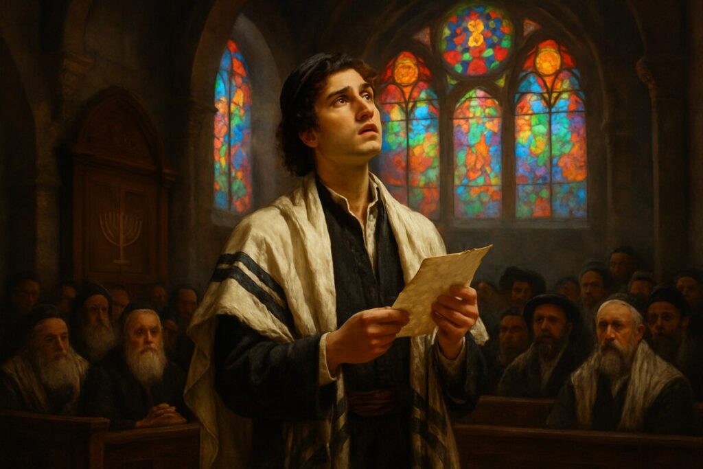 A high-definition digital artwork capturing a dramatic scene set in a medieval synagogue during Yom Kippur. The focus is on a young poet, dressed in traditional Jewish garb, standing at the center as ethereal light pours through stained glass windows, casting vibrant colors across the room. He is deep in thought, holding a crumpled piece of parchment, his eyes looking upwards as if seeking divine inspiration. In the background, the congregation is seated, diverse in age and expression, some in deep prayer, others watching him with anticipation. The atmosphere is charged with a sense of spiritual intensity and historical reflection.