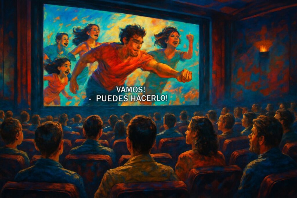 A vibrant, high-definition digital painting captures the inside of a bustling cinema, focusing on an illuminated movie screen displaying vibrant scenes with dynamic characters in expressive motion. The audience, a diverse group of individuals, are engrossed in the film, their faces reflecting a range of emotions—from laughter to contemplation. The surrounding atmosphere is filled with a colorful burst of the movie's light, casting playful shadows and highlighting the anticipation and collective experience of movie-watching. A sense of cultural richness and emotional depth permeates the scene, reflecting the intricacies of film translation and subtitle interpretation.