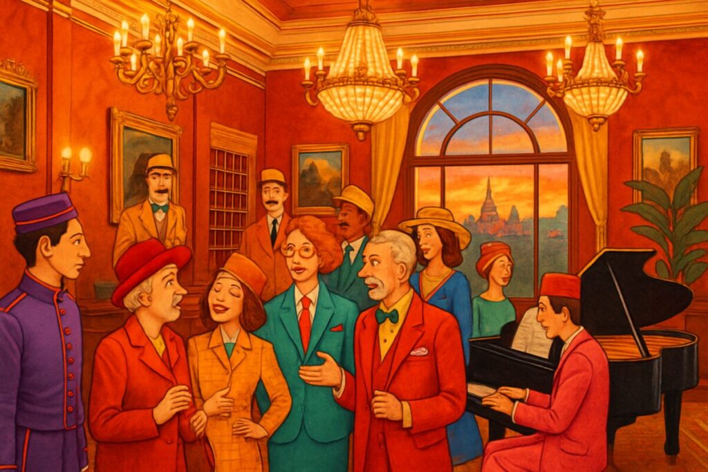 A vibrant illustration depicting a whimsical Wes Anderson-inspired scene: a vintage European hotel lobby filled with eclectic characters, all dressed in colorful, retro outfits. They are engaged in lively interaction while a grand piano in the corner plays classical music. The room is adorned with intricate details—ornate chandeliers, classic paintings, and a large, arched window revealing a picturesque, sunset-lit cityscape outside. The image should be in high definition, capturing the charm and meticulous style reminiscent of Wes Anderson's cinematic worlds.