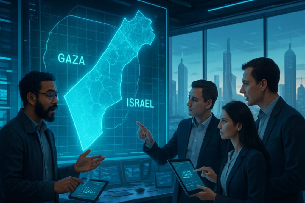A digital artwork depicting a futuristic scene with a high-tech laboratory. In the center, a large holographic display shows two overlapping geographical maps of Gaza and Israel. Around this central display, a diverse team of AI researchers and linguists dressed in modern, sleek attire is engaged in animated discussion, pointing at tablets and graphs. Behind them, large floor-to-ceiling windows reveal a sprawling cityscape with a mix of traditional and futuristic architecture, hinting at the blend of history and innovation. The scene is illuminated with a soft, blue-tinted light, adding a sense of advanced technology and intelligence. Make the image in high definition.