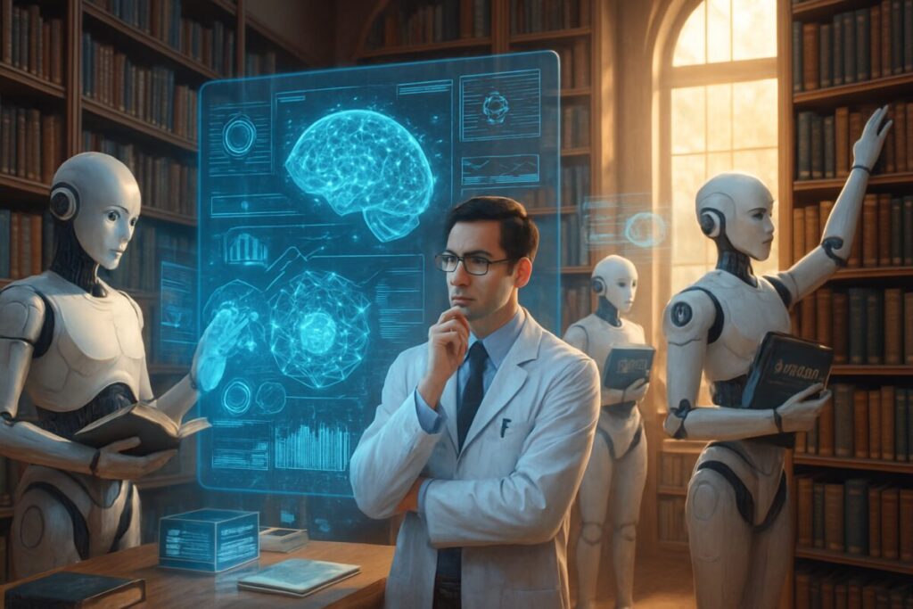 A high-definition digital artwork depicting a futuristic medical library filled with books and holographic interfaces. In the center, a thoughtful scholar in a lab coat examines a floating holographic display showing intricate patterns and data visuals. Around the room, humanoid robots with gentle expressions organize physical and digital medical journals. The atmosphere is a harmonious blend of classic academia and cutting-edge technology, capturing the theme of incorporating generative artificial intelligence into scientific research. The lighting is warm and inviting, with sunlight streaming through large windows, suggesting an open and innovative environment.
