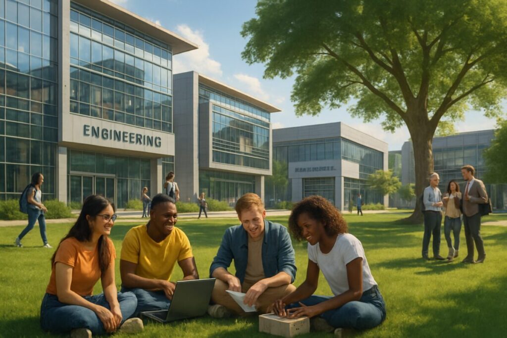 A serene and inspiring digital artwork depicting a spacious, sunlit university campus scene. In the foreground, diverse, enthusiastic students engage in collaborative activities on a lush green lawn, surrounded by high-tech engineering buildings with sleek glass exteriors. The atmosphere exudes a sense of community and support, with students interacting and sharing ideas, some with laptops and project materials. In the distance, a university staff member offers guidance to a group of smiling students under the shade of a grand tree. The high-definition image captures the vibrant energy and collaborative spirit of a modern educational environment.