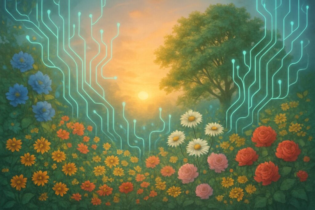 A serene, high-definition digital artwork depicting an intricately woven tapestry that blends natural and technological elements. In the foreground, a vibrant garden filled with various flowers and trees, symbolizing human connection and growth. Interspersed among the foliage are abstract, softly glowing tendrils resembling digital circuits, representing artificial intelligence. The background features a gentle sunrise, casting warm light over the scene, indicating harmonious integration of technology with human elements, embodying a peaceful coexistence.