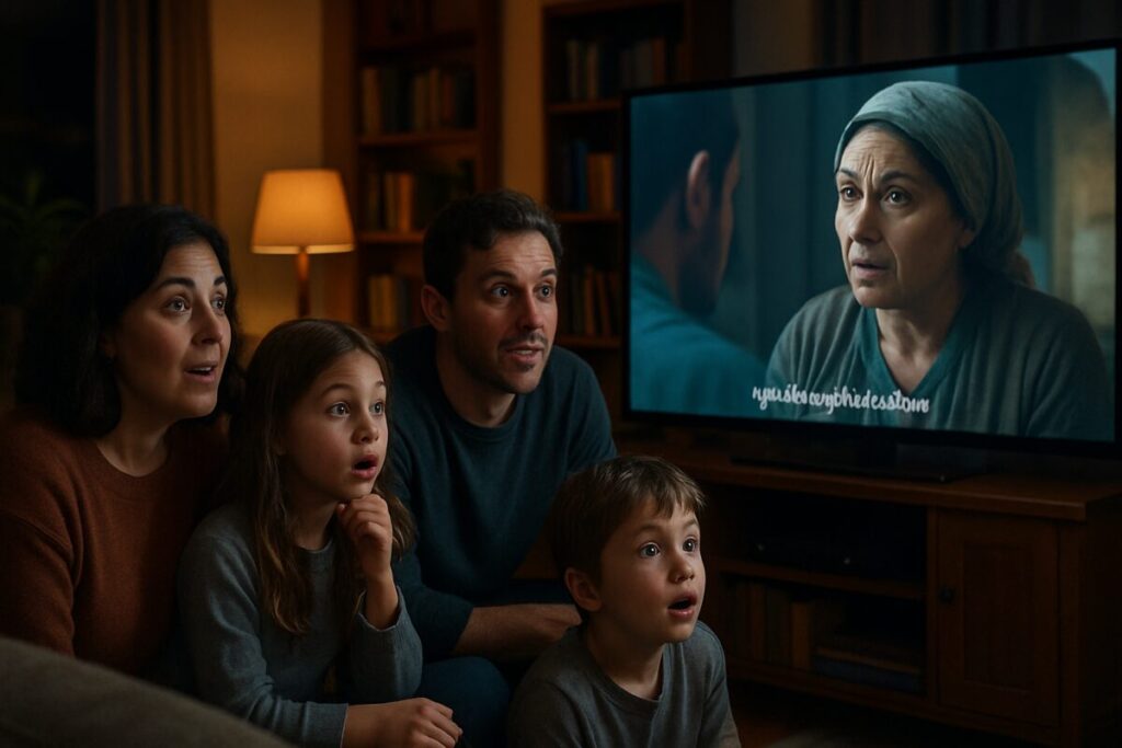 A digital artwork depicting a cozy living room setting where a family is gathered in front of a large television screen displaying a foreign film. The scene captures their varying reactions of intrigue, surprise, happiness, and concentration, illuminated by the glow of the screen. Subtle visual cues build an ambiance of focus and emotion, highlighting the interplay of facial expressions and the reflective light. This high-definition image should convey a sense of immersive and dynamic viewing, illustrating the emotional engagement and cognitive focus of the viewers as they absorb the narrative.