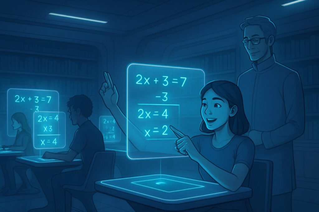 A high-definition digital illustration of a futuristic classroom where students are seated at sleek, floating desks. Each student is interacting with a holographic display projecting a step-by-step math problem. The room is bathed in a soft, ambient blue light, and the focus is on a young woman confidently predicting the next step in the problem-solving process. The instructor, a gentle figure, observes from the side, ready to provide feedback. The background shows shelves filled with antique books contrasting the high-tech environment, symbolizing the blend of traditional and modern learning methods.