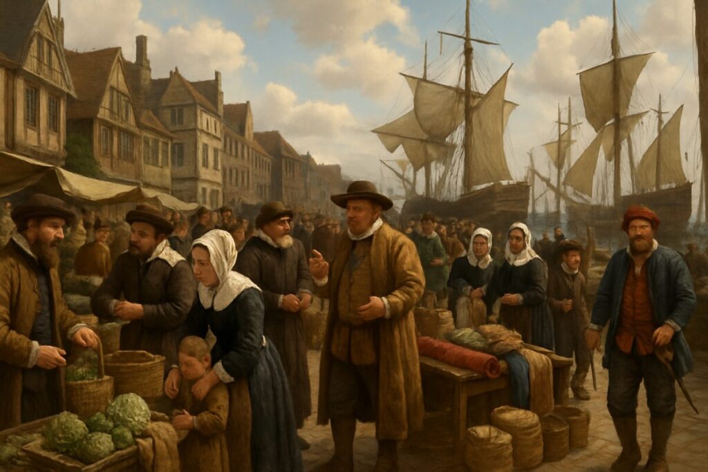 A high-definition illustration of a bustling 16th-century harbor scene in King’s Lynn. The image features a diverse group of people, including merchants, sailors, and Dutch Calvinist refugees, engaged in trade and daily activities. Ships with billowing sails are docked along the pier, and the nearby waterfront is lined with period-appropriate wooden and stone buildings. The scene is vibrant, capturing the fusion of cultures and the historical atmosphere of commerce and refuge during the late 1500s in Eastern England. The sky is partly cloudy, casting dynamic shadows and highlighting the rich textures and colors of fabrics and goods in the market.