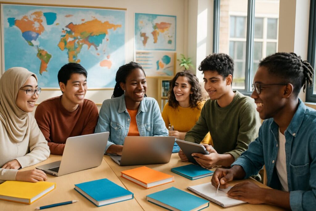 A high-definition digital artwork depicting a diverse group of students from around the world, sitting in a brightly lit, modern classroom. The students, representing various cultures and ethnicities, are engaged in a group study session, with open laptops, tablets, and colorful notebooks spread across a large table. On the walls are vibrant world maps and educational posters. The atmosphere is one of collaboration and inspiration, with sunlight streaming through large windows, symbolizing the global reach and optimism of educational equity.