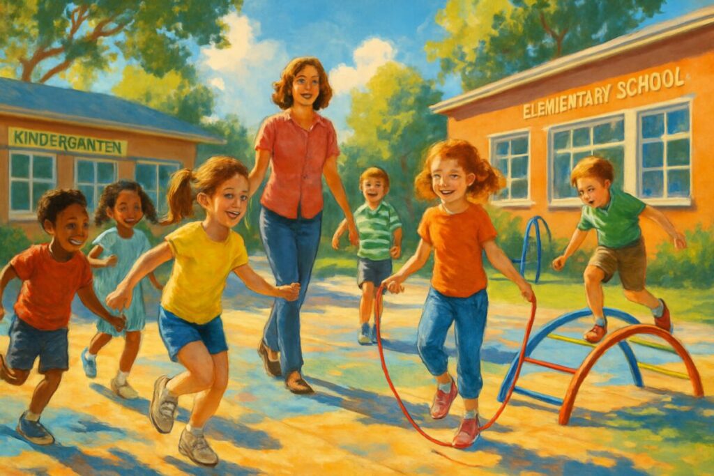 A high-definition digital artwork depicting a vibrant and dynamic scene in a school playground during the transition from kindergarten to elementary school. The image shows a diverse group of young children engaging in various physical activities under the supervision of a teacher. Children are seen happily playing games like tag, jumping rope, or balancing on colorful playground equipment. Sunlight casts playful shadows, emphasizing the joyful and energetic atmosphere. The background features a gentle blend of nature with trees and a clear blue sky, capturing the essence of outdoor learning and movement.