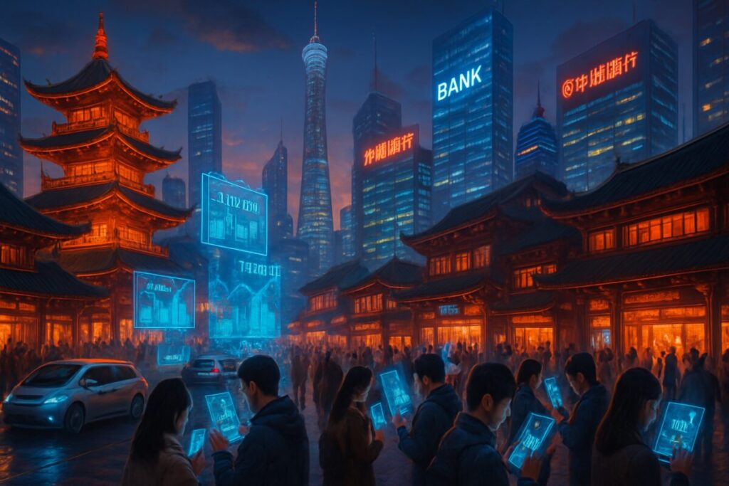 A high-definition digital artwork of a futuristic cityscape in China at dusk. The scene is bustling with activity, showcasing a harmonious blend of traditional architecture and modern technological advancements. Crowds of people are seen engaging with cutting-edge financial technology on their smartphones, amidst holographic financial data displays and autonomous vehicles navigating the streets. The skyline is adorned with high-tech bank headquarters, illuminated with vibrant neon lights, symbolizing a thriving financial ecosystem. This image captures the synergy between tradition and innovation in the context of finance technology.