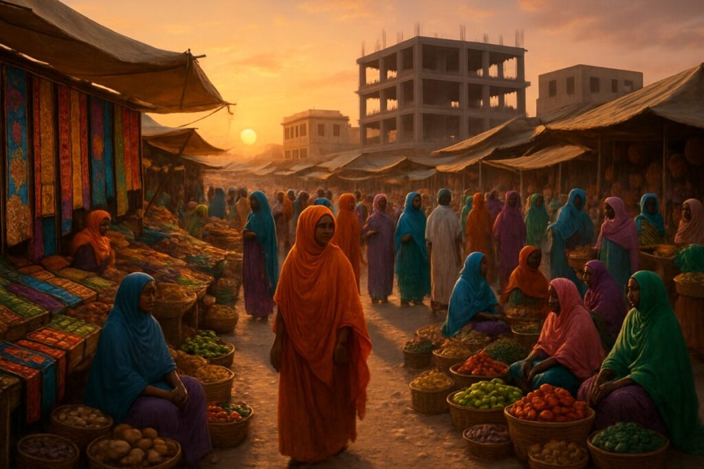 A bustling market scene in Garowe, Somalia, captured at sunset. Stalls are filled with vibrant textiles, fresh produce, and handmade goods, bustling with vendors and customers in colorful traditional attire. In the background, unfinished buildings and dusty roads symbolize the area's economic challenges and contrasts. The warm glow of the setting sun casts long shadows and highlights the rich tapestry of cultures and commerce, embodying resilience and the spirit of small businesses. High-definition artwork.
