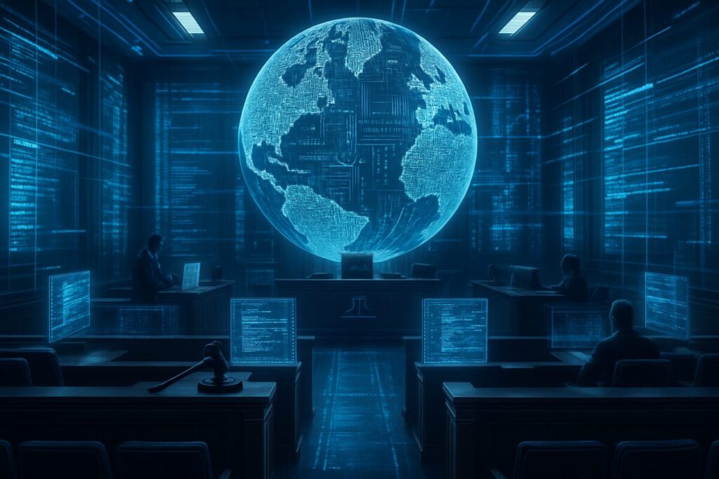 Create an image of a futuristic courtroom filled with a blend of digital and physical elements. The room is bathed in soft blue and silver light, with holographic displays showcasing streams of code and digital data flowing through the air. In the center, a large globe-like sculpture made of codes and circuits hovers above, symbolizing the fusion of law and technology. In high definition, focus on the intricate details of the digital elements and the modern, sleek design of the courtroom setting.