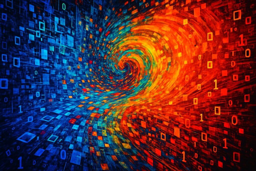 A high-definition digital artwork depicting an intricate, abstract representation of a matrix mixing with vivid colors that symbolize encryption and decryption in imagery. The composition features a dynamic interplay of colorful geometric shapes and patterns, unfolding into a landscape of vivid pixels, suggesting a fusion of mathematics and digital art. The background includes hints of binary sequences and vibrant hues swirling together, evoking the sense of complex algorithms and advanced technology involved in modern image processing.