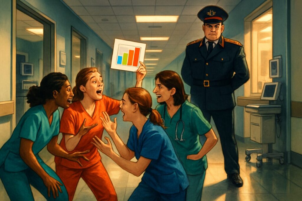 A high-definition digital illustration depicting a vivid scene of a bustling hospital corridor. A group of nurses in vibrant scrubs can be seen energetically discussing a creative idea, with one nurse holding up a bright, colorful chart. In the background, a figure dressed in an exaggerated authoritative uniform stands with a stern expression, casting a long shadow over the floor, symbolizing an imposing presence. The corridor is filled with dynamic lighting and modern medical equipment, conveying an atmosphere of tension and collaboration, capturing both the creative and challenging aspects of a healthcare work environment.