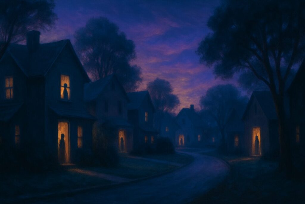 A high-definition image depicting a surreal, dreamlike suburban neighborhood at twilight, with dimly lit houses lined along a winding street. The scene is filled with an air of mystery and introspection, with shadowy figures appearing in windows and doorways, suggesting hidden stories and emotional depth. Soft, ethereal lighting casts a poetic glow across the houses, blending reality with a sense of the fantastical. Lush trees and winding paths enhance the enigmatic atmosphere, symbolizing a journey between places and identities. The sky transitions from a deep blue to an otherworldly violet, capturing the liminal space between day and night.