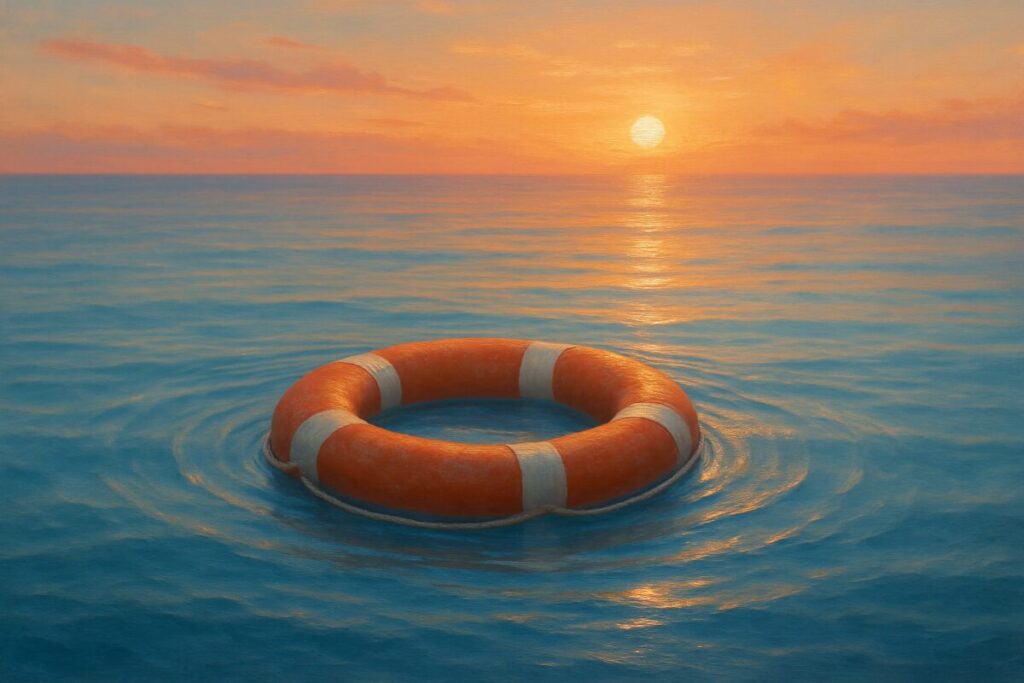 A serene, high-definition painting of a lone lifebuoy floating gently on calm, azure waters at sunset. Delicate ripples emanate from the lifebuoy, glistening under the soft, golden light of the setting sun. The horizon is painted with warm hues of orange and pink, evoking a sense of hope and tranquility, suggesting the promise of safety and compassion. This peaceful scene reflects a supportive and nurturing approach, aligning with the blog's themes of life promotion and human dignity.