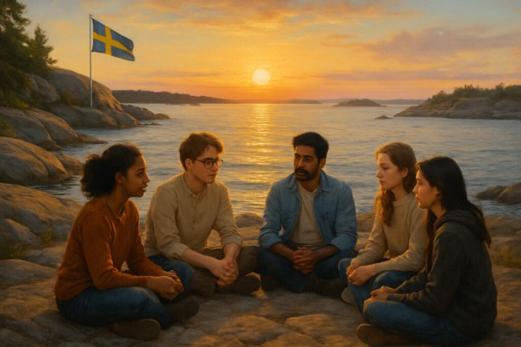 A serene, high-definition painting of a Swedish coastal landscape at sunset, capturing a small group of diverse students sitting in a circle on a rocky shore. They are engaged in a warm, thoughtful discussion, with gentle waves lapping in the background and the sun's golden hues reflecting off the water. The scene conveys a sense of harmony, reflection, and intellectual exchange, embodying the essence of personal and emotional growth in a natural setting.