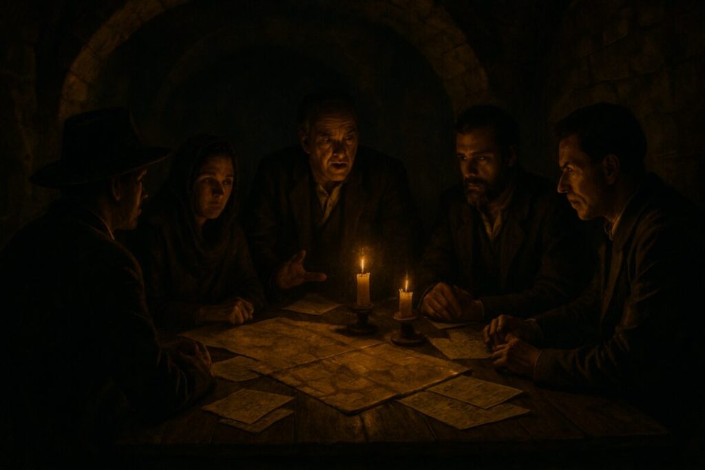 A high-definition digital painting depicting a shadowy and clandestine meeting in a dimly lit underground room, with a group of people gathered around a table. The individuals are engaged in intense discussion, with papers and strategic maps spread out before them. The scene is illuminated by flickering candlelight, casting dramatic shadows and highlighting the serious expressions on their faces. The atmosphere is tense and secretive, evoking a sense of historical intrigue and the struggle for political survival amidst oppressive colonial rule.