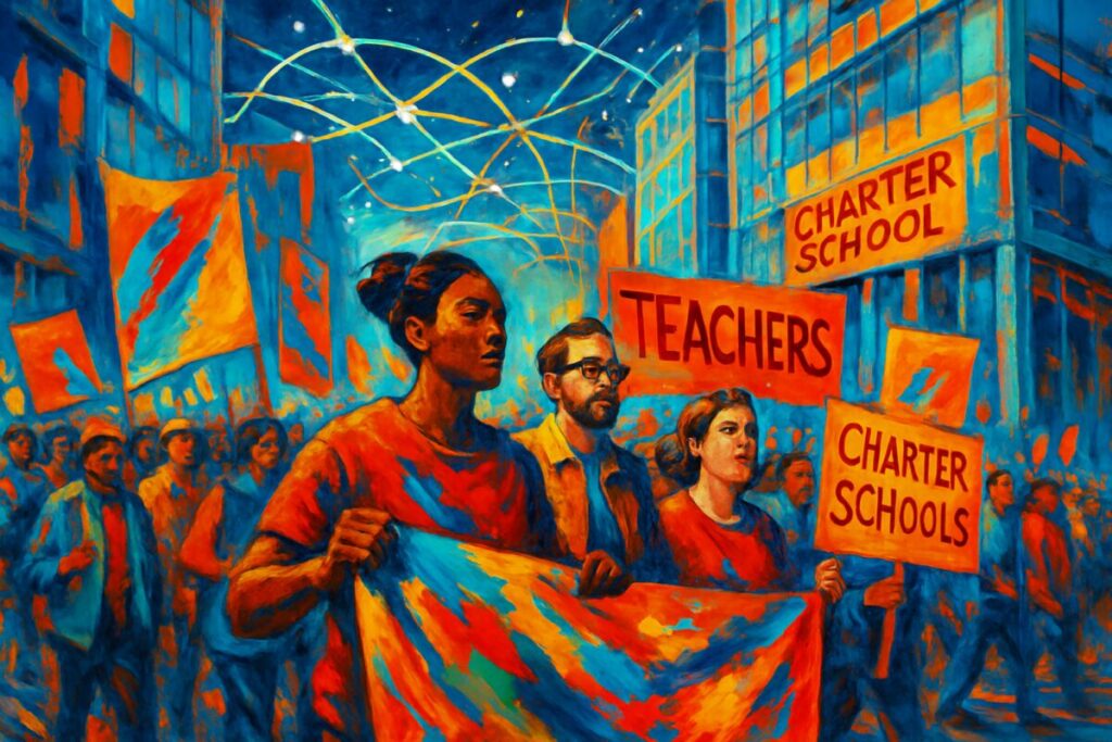 A high-definition digital artwork depicting a dynamic and contrasting scene of a vibrant protest line marching through a bustling urban environment. The crowd comprises diverse teachers from various ethnic backgrounds, carrying colorful, abstract banners and signs. The background features modern charter school buildings with tall, reflective glass surfaces. In the sky above, there's an artistic representation of digital networks symbolized by stylized light trails and interconnected nodes, suggesting an invisible but powerful digital resistance. The color palette is bold and expressive, capturing the energy and determination of the marchers.