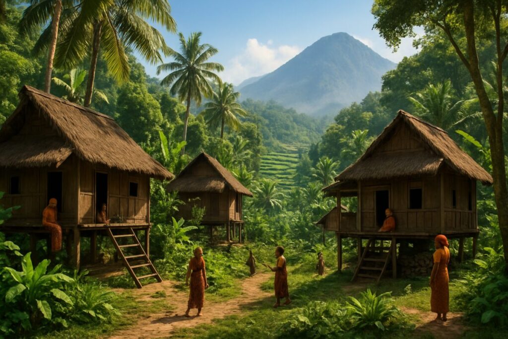 A lush and vibrant traditional Indonesian village nestled within a dense and verdant jungle. The scene captures the interplay between nature and culture, with wooden houses on stilts surrounded by tropical flora, and villagers engaging in daily activities. In the background, cascading rice terraces stretch towards a misty mountain range under a clear blue sky. This high-definition image should portray a sense of harmony and resilience of traditional communities amidst the surrounding natural beauty.