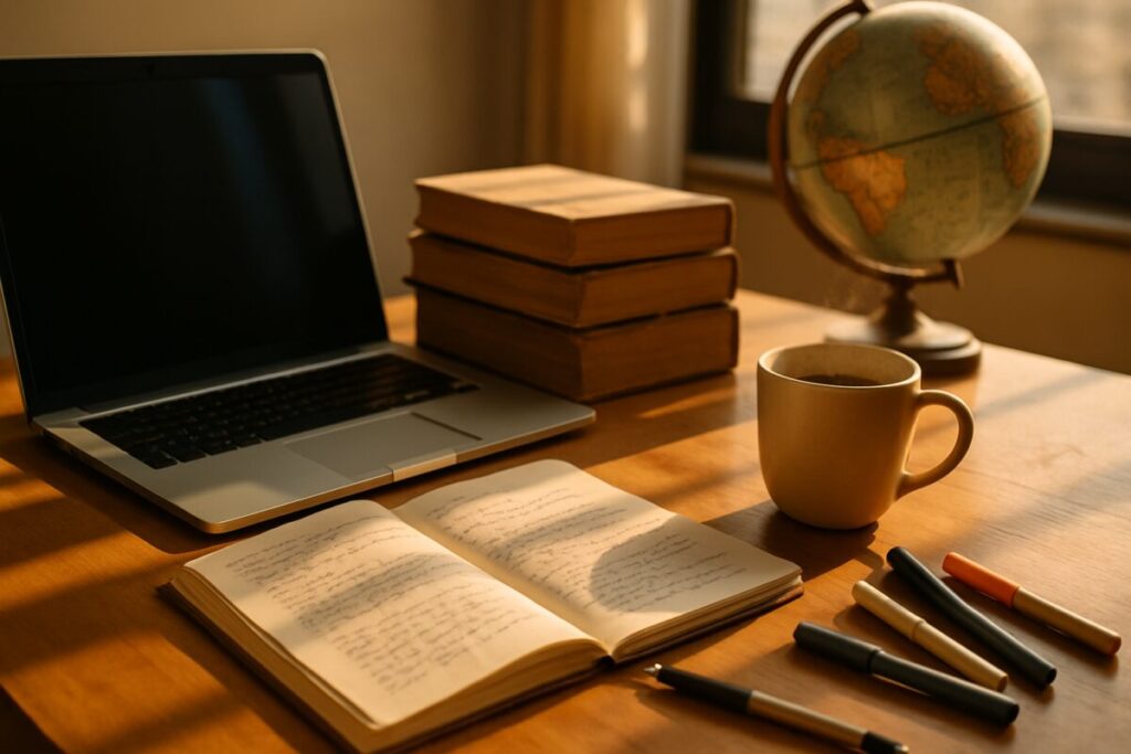 A serene study desk scene, bathed in warm afternoon sunlight. On the desk, there is an open laptop next to a stack of well-thumbed books, with handwritten notes and a steaming cup of coffee nearby. A few pens and highlighters are scattered casually, and a globe sits in the background, adding to a scholarly ambiance. The image embodies a blend of academic dedication and a personal touch, emphasizing a human approach to writing and research. Make the image in high definition.