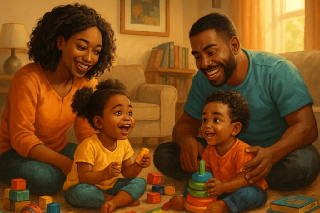 A vibrant, high-definition illustration of a diverse family scene in a cozy, warmly lit living room. Depict a mother and father from an ethnic minority background, attentively and affectionately interacting with their young children. The children, full of energy and curiosity, are engaged in playful activities that spark their imagination and learning. The room is filled with colorful toys and books, symbolizing a nurturing environment. The joyful expressions on the parents' and children's faces convey a sense of belonging, love, and support, reflecting the positive impact of parental sensitivity on child development.