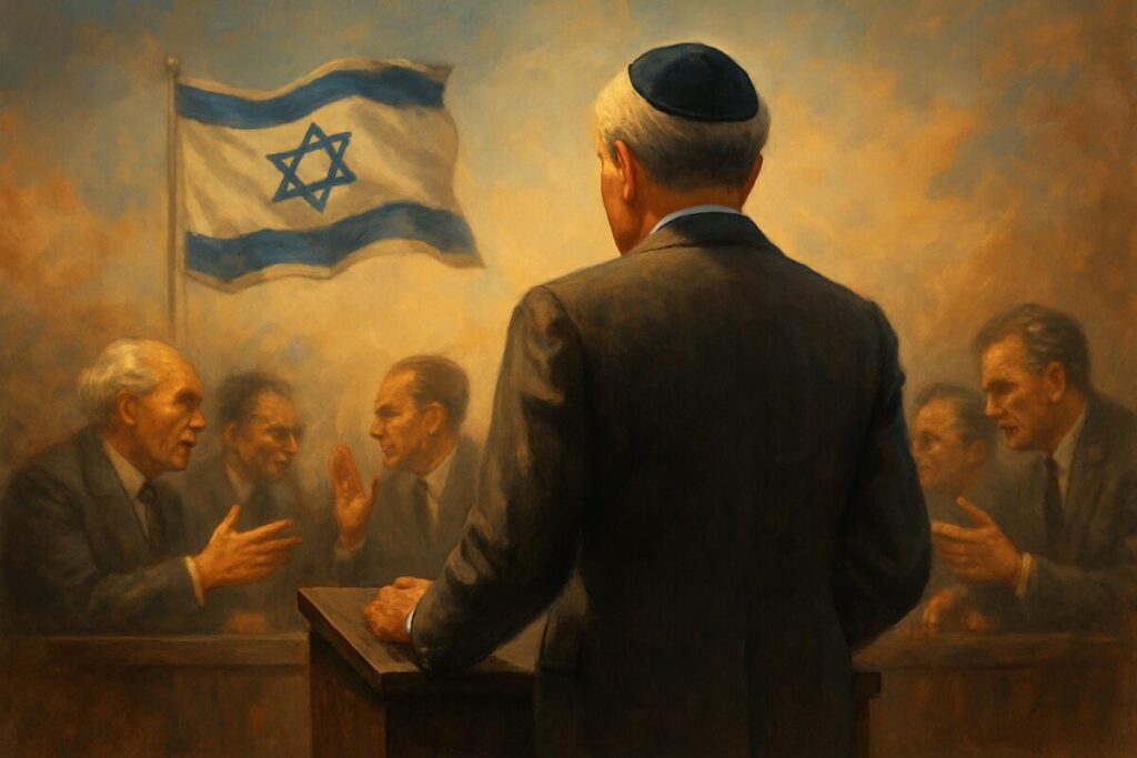 An evocative high-definition digital artwork depicting an early 1950s political scene in Israel. In the foreground, a well-dressed figure stands on a podium wearing a kippah, subtly symbolizing the religious aspect of leadership. In the background, an Israeli flag waves gently, with blurred outlines of historical political figures engaged in an animated discussion, their body language reflecting a mix of agreement and contention. The color palette should reflect the vibrant yet solemn atmosphere of a historic political debate, capturing the tension and symbolism of the era.
