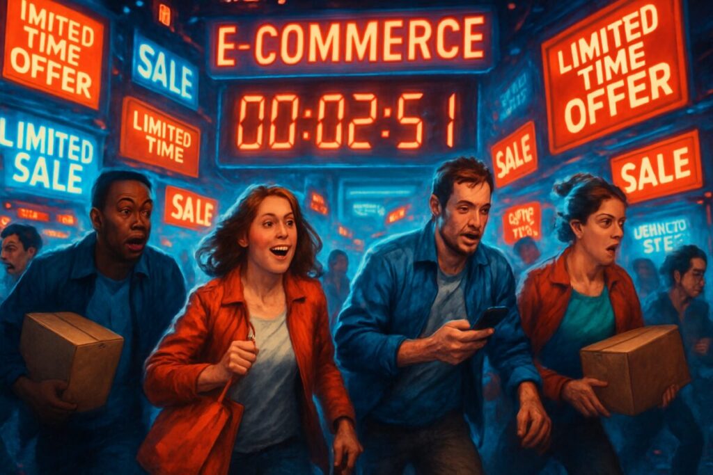 A high-definition digital artwork depicting a bustling e-commerce marketplace scene with a sense of urgency. In the foreground, diverse shoppers surrounded by vibrant advertisements and flashing "limited time offer" signs. The shoppers exhibit expressions of excitement and haste, as if compelled by the allure of instant deals. Subtle blue and red lighting conveys the dual nature of stimulus: cool tones for impulse and warmth for urgency. In the background, a digital clock ticks down, adding a dynamic sense of time pressure to the environment.