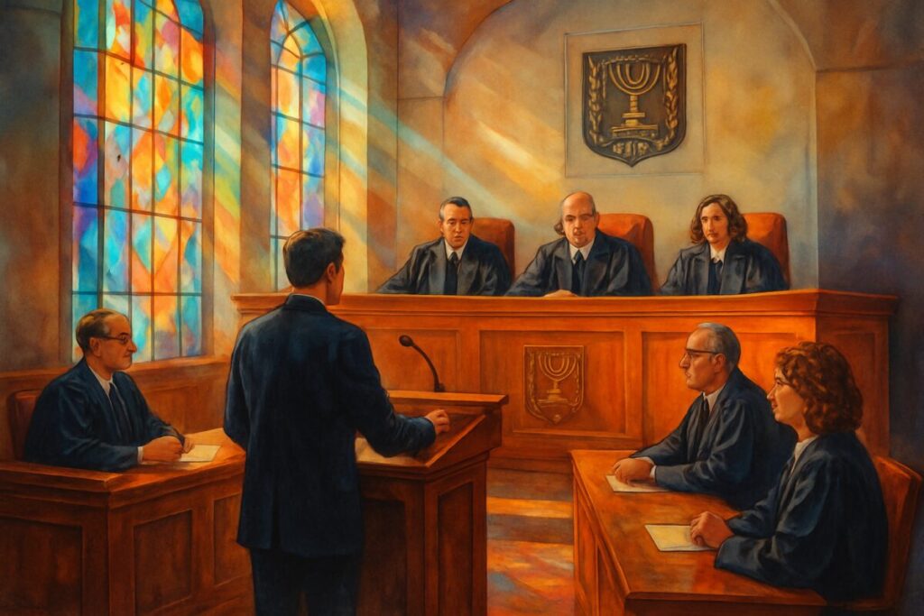 A high-definition digital artwork depicting an artistically stylized courtroom scene in Israel. The scene should illustrate a vibrant, yet serious atmosphere with an emphasis on the judicial benches and ceremonial elements like the judges' robes. Soft rays of sunlight filter through the grand stained-glass windows, casting colorful patterns onto the polished wooden floors. The Israeli emblem subtly adorns the backdrop, symbolizing the significance of constitutional law. Focus on capturing a sense of deliberation and gravity that aligns with the article's theme of legal scrutiny and legislative process.
