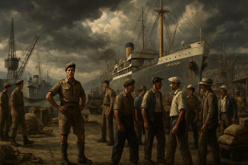A high-definition digital artwork depicting a vintage scene at the port of Haifa in the early 1950s. The image features a bustling harbor with ships docked, surrounded by a mix of military personnel and workers in traditional attire of the era. A dramatic sky hints at tension, capturing the essence of industry and military presence. The viewer is drawn into the complexity of the scene, with the interplay of mundane dock activities set against an undercurrent of historic unrest, suggesting a pivotal moment in labor relations.