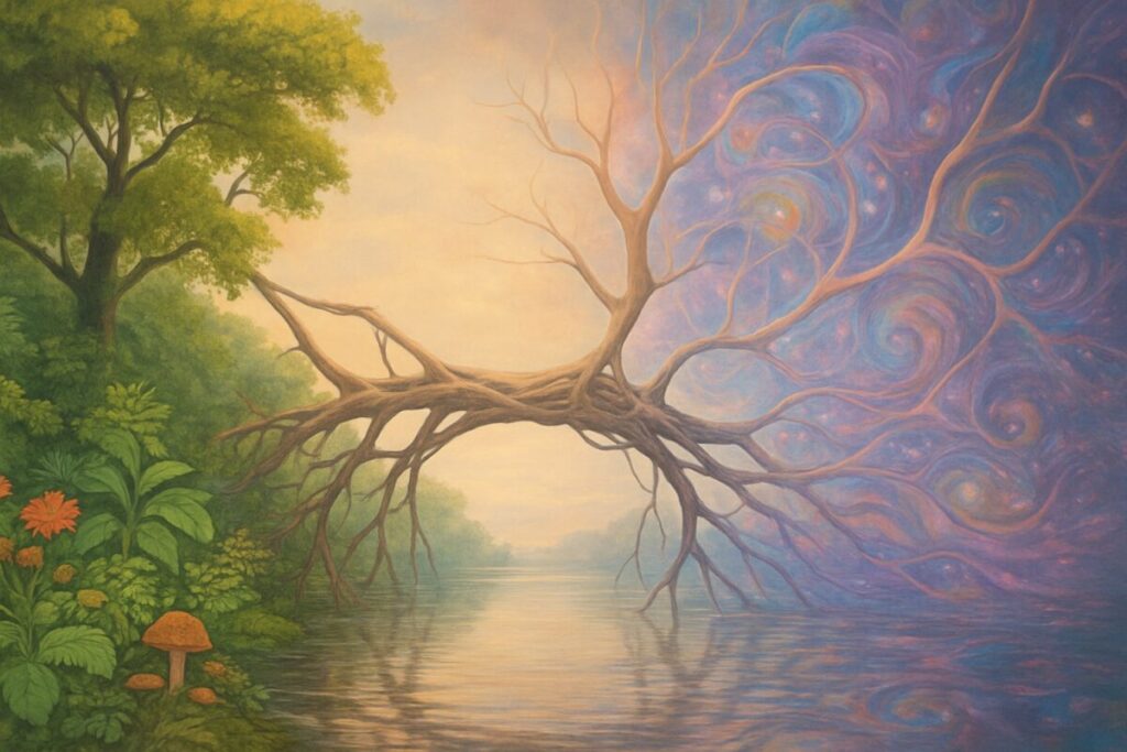 A high-definition digital artwork depicting a surreal landscape where a bridge made of intertwined neuron-like structures stretches over a calm, reflective body of water. On one side of the bridge, a lush, vibrant garden symbolizes the realm of physical reality, with detailed plants and natural elements. On the opposite side, an abstract world with shimmering, ethereal colors represents the mental domain, filled with swirling patterns and shapes. The two sides meet at the center of the bridge, blending gently, illustrating the integration and transition between the mental and physical realms. The scene is bathed in a soft, warm light, creating an atmosphere of harmony and unity.