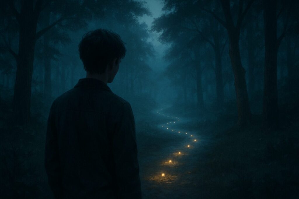 An intimate and contemplative digital artwork depicting a lone figure standing at the edge of a misty forest, gazing at a pathway scattered with glowing breadcrumb-like lights leading into the woods. The atmosphere is serene yet mysterious, with soft moonlight filtering through the trees. The scene captures a sense of vulnerability and intrigue, echoing the emotional complexity and uncertainty of romantic relationships in the digital age. Render the image in high definition to emphasize the intricate details and mood.