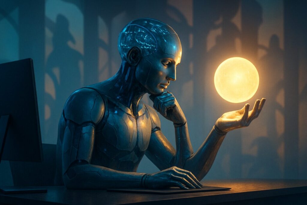 High-definition digital artwork of a futuristic scene where a humanoid AI with a transparent head filled with glowing circuitry sits at a modern, sleek desk surrounded by soft, ambient lighting. In the background, abstract shapes and shadows suggest a blend of human and machine worlds converging. The AI appears deep in thought, gazing contemplatively at a large, glowing orb hovering above its hand, symbolizing moral dilemmas. The overall atmosphere is one of calm yet intense introspection, with a balance of cool blue and warm gold tones.