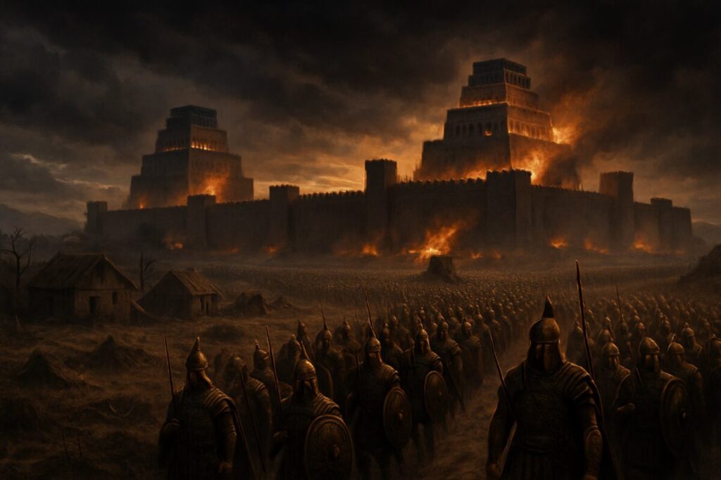 A high-definition digital artwork depicting an ancient city under siege, with a vast Assyrian army marching through a dramatically lit landscape. The scene captures the tense atmosphere as soldiers in intricate armor approach the city's towering walls at dusk, while a heavy, ominous sky looms overhead. In the foreground, desolate fields and abandoned villages hint at the expansive land conquest unfolding, creating a sense of historical weight and narrative depth. The mood is both epic and foreboding, echoing the tragic fall of a once-great kingdom.