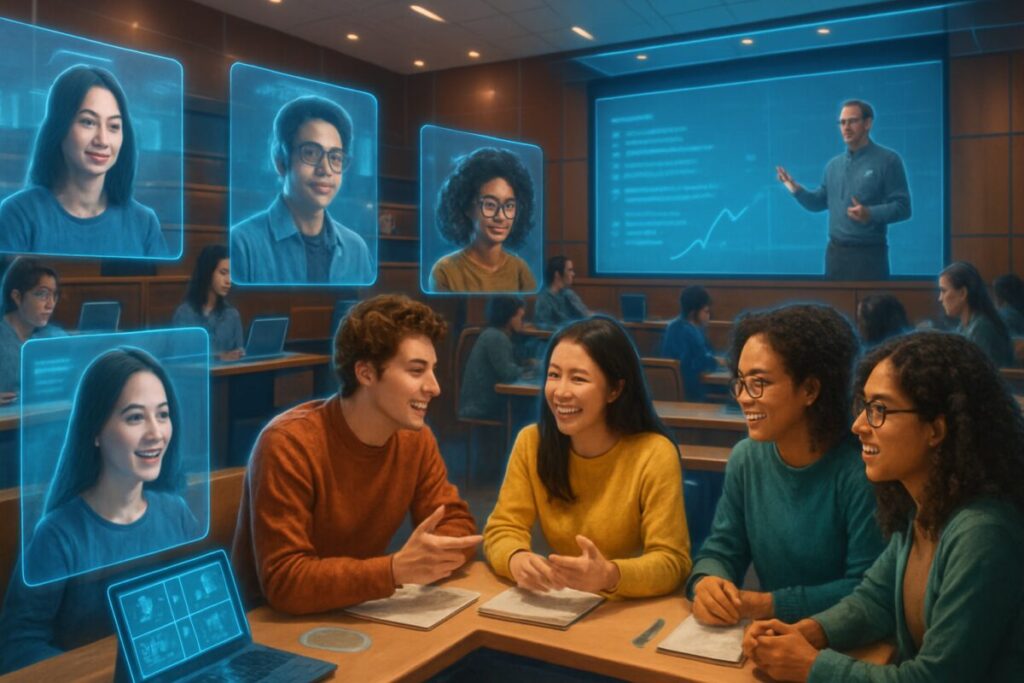 A high-definition digital artwork depicting a modern, vibrant university lecture hall that seamlessly blends the physical and digital worlds. In the foreground, a diverse group of students are engaged in a lively discussion, with some seated at desks and others appearing virtually via sleek holographic screens. The atmosphere is dynamic, depicting an inclusive and interactive environment where technology bridges the gap between in-person and online participants. Soft, ambient lighting highlights advanced digital tools and interfaces that accentuate the hybrid learning setup, creating a sense of balanced integration between the tangible and virtual educational experiences.