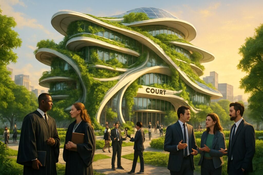 A high-definition digital artwork depicting a futuristic legal building integrated harmoniously into a lush, green urban landscape. The structure should appear modern, with flowing lines and eco-friendly features like vertical gardens and solar panels. Surrounding the building, a vibrant city square should feature diverse professionals—lawyers, businesspeople, and environmentalists—engaged in dynamic discussions, embodying a harmonious balance between law, business, and sustainable practices. The sky above should be clear with a soft golden sunset, symbolizing hope and progress towards a sustainable future.