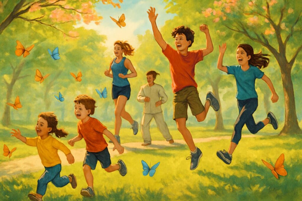 A vibrant, high-definition illustration capturing a dynamic scene of diverse individuals across different ages engaged in a lively park setting. Children chase colorful butterflies, teenagers leap and play, young adults jog energetically, and older adults engage in tai chi under the shade of blossoming trees. The essence of motion and adaptation is depicted through the fluidity in their movements, with a subtle blur effect on the butterflies to showcase their unpredictable paths, symbolizing cognitive and motor uncertainties navigated throughout life stages. The atmosphere is filled with warm sunlight filtering through the trees, casting dappled shadows on the lush grass, creating a harmonious blend of nature and human activity.
