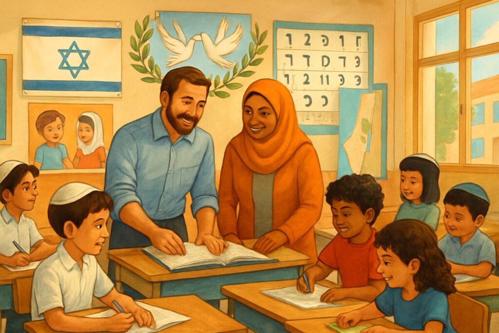 A vibrant and detailed illustration depicting a peaceful and harmonious classroom scene in Israel. The classroom is culturally diverse, showcasing students with various features and attire that reflect both Jewish and Arab backgrounds. The environment should be warm and welcoming, with colorful educational posters and symbols of unity through art, like intertwined olive branches and doves in the background. Teachers from different cultural backgrounds are collaborating at the front of the classroom, symbolizing inclusion and unity. The setting is dynamic, with children engaging in group activities, showcasing a sense of collaboration and mutual respect. Make this image in high definition.