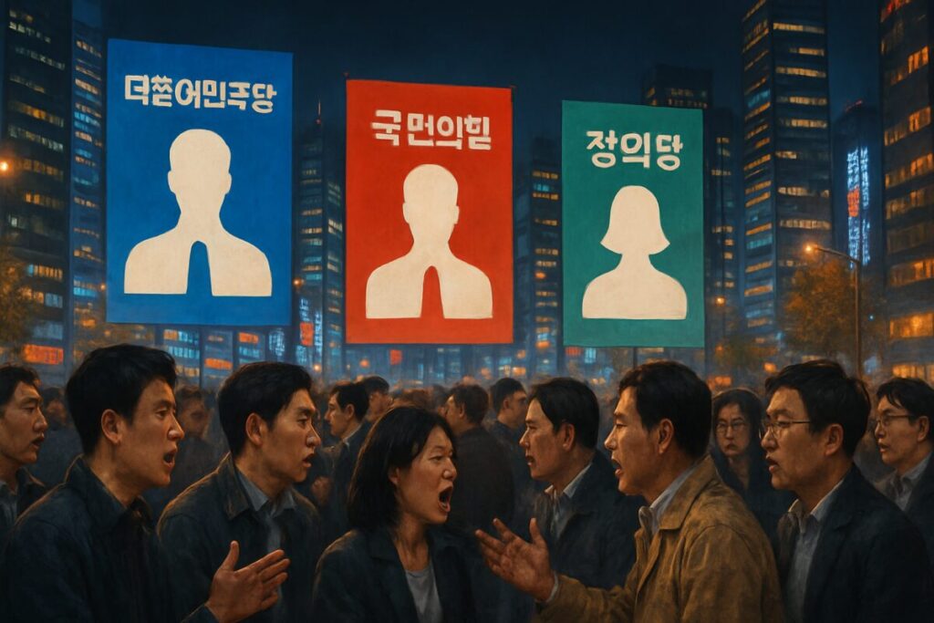 A high-definition digital artwork capturing a vibrant political rally scene in a bustling South Korean city. In the foreground, diverse groups of people actively engage in conversation, with expressions ranging from passionate debate to thoughtful listening. In the background, large, colorful banners feature silhouette-style icons of both male and female figures to represent the idea of gender dynamics. The skyline is filled with skyscrapers adorned with vibrant lights, symbolizing the rich informational environment. A subtle play of shadows and light casts an atmosphere of complexity and intrigue, hinting at the multifaceted nature of gender roles in politics.