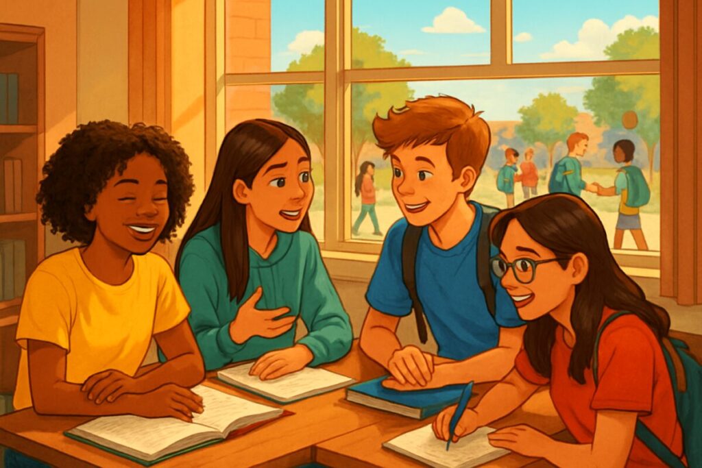 A vibrant, high-definition illustration depicting a diverse group of adolescents in a lively school setting. Some students are engaged in collaborative learning and discussions in a sunlit classroom, characterized by warm and inviting tones. Outside the window, a schoolyard is visible, where other students are interacting and playing sports under a clear blue sky. A sense of positive and supportive relationships is conveyed through the friendly and open gestures of the students, illustrating a nurturing and dynamic educational environment.