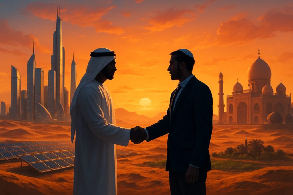A high-definition digital artwork depicting a futuristic collaboration scene between two diverse cultures, set in a vast desert landscape. In the foreground, two silhouetted figures represent unity, one draped in a traditional Emirati attire, the other in modern Israeli garb, shaking hands. The background features a harmonious blend of advanced technology and age-old architecture; gleaming skyscrapers and intricate domes rise against a stunning sunset. The desert floor is dotted with solar panels and green oases, symbolizing sustainability and progress. The image captures a sense of dynamic partnership and innovative progress under the glow of a peaceful, serene sky.