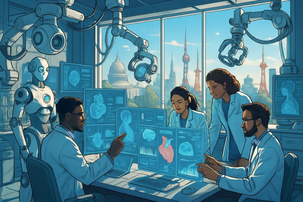 A high-definition illustration of a futuristic medical research lab filled with advanced robotic and AI devices. In the center, a group of scientists, diverse in gender and ethnicity, are working digitally on holographic screens displaying complex medical data. The room is bright with natural sunlight streaming in through large windows, casting intricate shadows from the high-tech equipment around them. In the background, a serene cityscape featuring landmarks from the US, EU, China, Japan, and South Korea represents global collaboration. The atmosphere should convey innovation, collaboration, and a high-tech future in medical science.