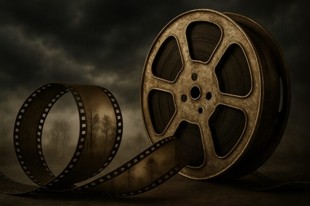 A high-definition image of an aged film reel partially unraveling against a backdrop of dark, stormy skies. Amidst the curls of the film, ghostly silhouettes of trees line a misty horizon, symbolizing memory and shadow. The reel itself reflects a muted sepia tone, evoking a sense of history and nostalgia. This evocative scene captures the haunting intersection of cinema and somber narratives, resonating with themes of memory and reflection.
