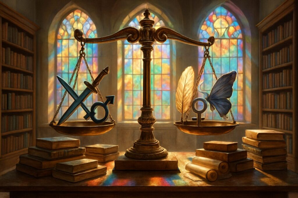 A high-definition illustration depicting the delicate balance of a large, ancient set of scales in a sunlit library. One side of the scales is decorated with traditional masculine symbols like a compass and a sword, while the other is adorned with feminine symbols such as a quill and a butterfly. The room's grand windows cast a spectrum of colorful light across the scene, symbolizing diversity and complexity in understanding. Around the scales, an array of books and scrolls are neatly stacked, representing the vast research and analysis undertaken on gender bias in autism diagnosis.