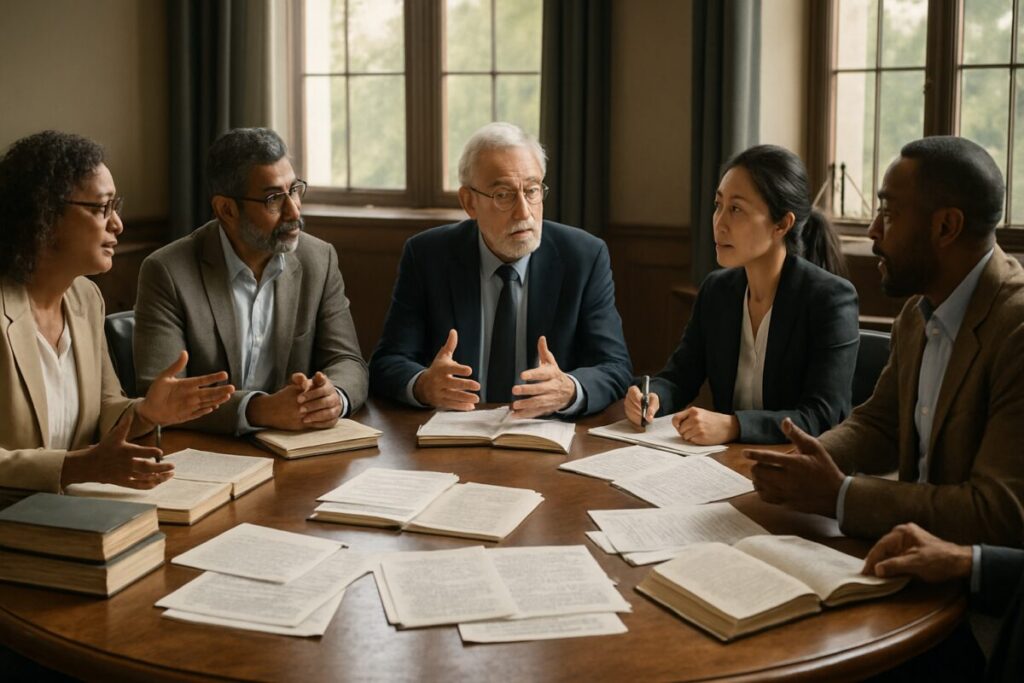 A high-definition image depicting a tranquil and elegant conference room with a large round table, surrounded by diverse experts in animated discussion. Soft natural light filters through large windows, casting a glow on stacks of books and scattered papers filled with research notes. A globe and a scale model of a bridge sit in the background, symbolizing global dialogue and mediation. The scene captures an atmosphere of scholarly debate and collaborative exploration.
