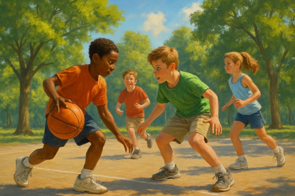 A serene, high-definition digital painting of children playing basketball in a vibrant, sunlit park. The scene is alive with movement and energy, the children showing expressions of joy and concentration as they engage in the game, surrounded by lush green trees and a clear blue sky. The setting feels dynamic, capturing the interplay between physical activity and mental focus. The basketball court is depicted with subtle details, enhancing the sense of community and interaction, emphasizing the social and cognitive elements of the activity.