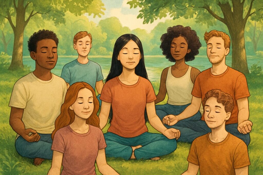 A serene illustration capturing a diverse group of young individuals, both male and female, peacefully meditating in a lush, tranquil park setting. They are seated cross-legged on soft grass, surrounded by gentle sunlight filtering through the leaves of tall trees. In the background, a shimmering lake reflects their calm expressions, embodying mindfulness and internal harmony. Each person has a slight, content smile, symbolizing acceptance and the peaceful coexistence of varied emotions. The image is vibrant and detailed, rendered in high definition to highlight the subtleties of their serene environment and expressions.
