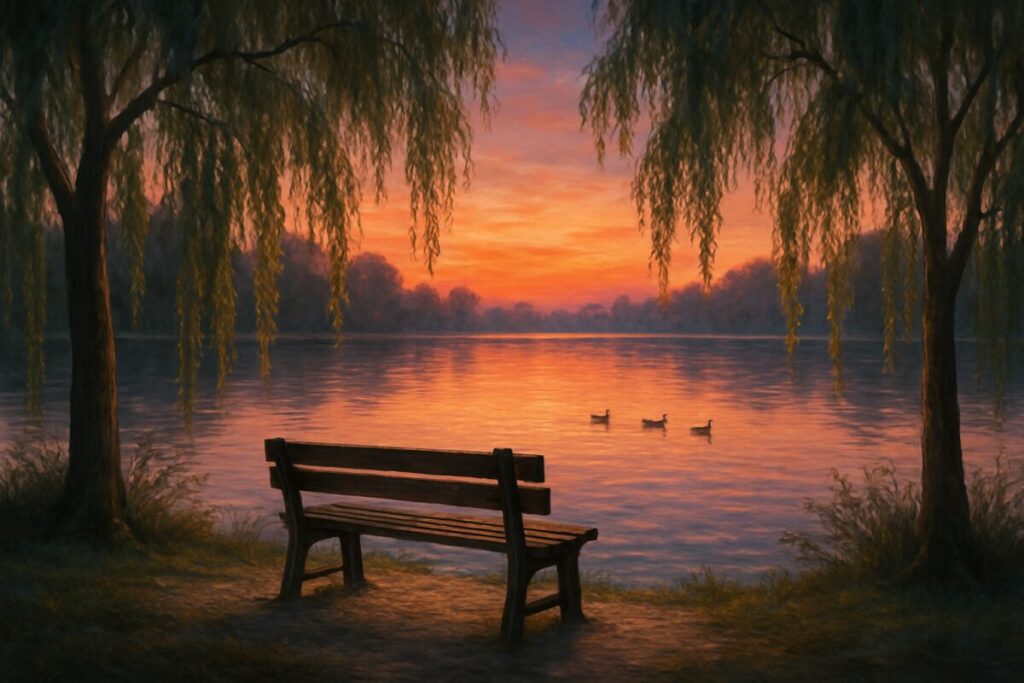 A high-definition digital artwork depicting a serene lakeside scene at dusk. The foreground features a single wooden bench overlooking the water, surrounded by gently swaying willow trees with cascading leaves. The lake reflects the warm hues of the setting sun, with soft pinks and oranges fading into the deepening twilight sky. A few small ducks glide silently across the water, leaving gentle ripples behind them. This tranquil setting evokes a sense of contemplative solitude and emotional reflection, echoing the themes of emotional impact and resilience.